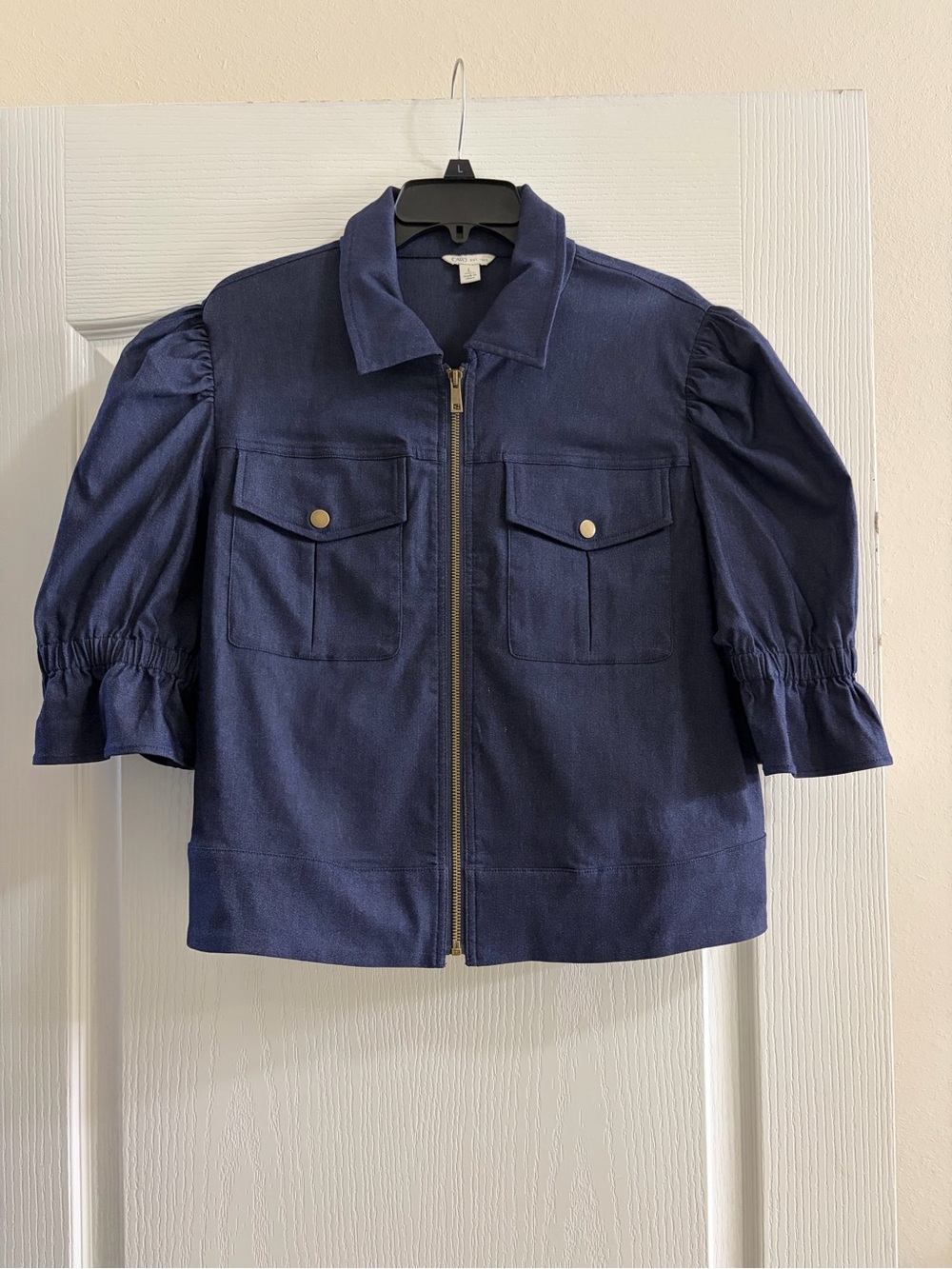 Cato Puff Sleeve Denim Look Zip Front Jacket Large Utility Cropped Top